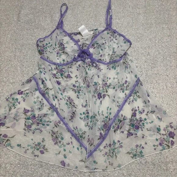 vintage california dynasty lingerie 80s babydoll purple floral fairy romantic - Picture 6 of 7